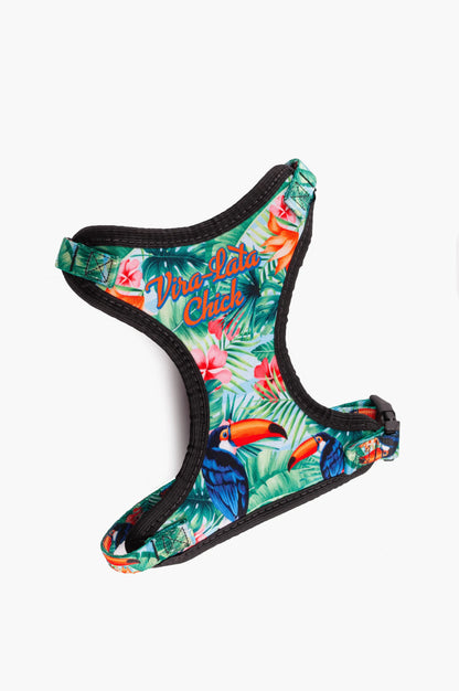 Peitoral Colete AIR com a personalização Tropical, a posição da coleira na imagem esta aberta.