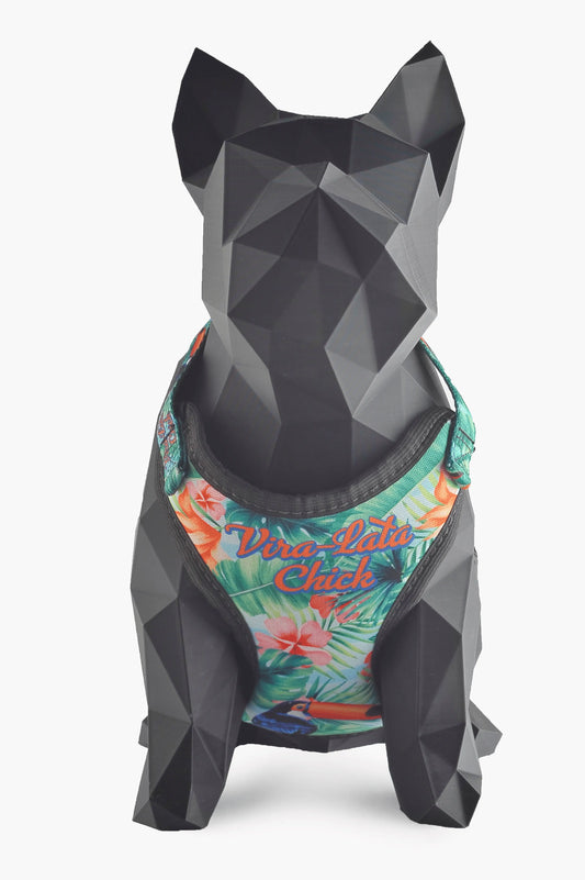 Peitoral Colete AIR com a personalização Tropical, a posição da coleira na imagem esta de frente.